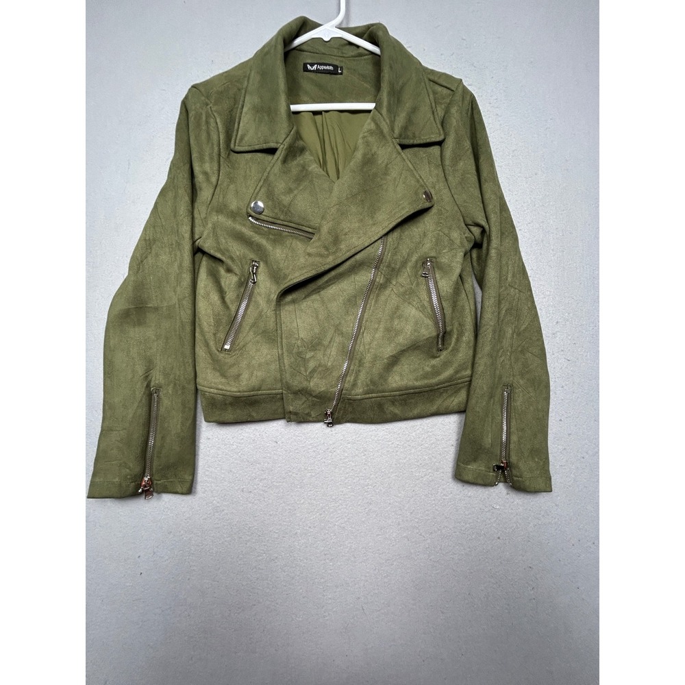Apperloth Moto Jacket Faux Suede Olive Green Large Womens